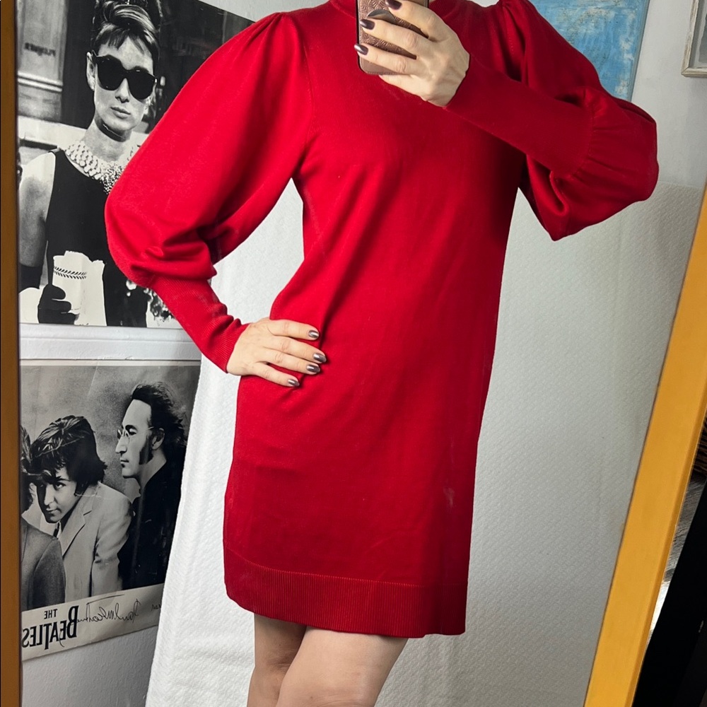 Vince Camuto Womens Crewneck Sweater Dress Red Vibrant Long Puff Sleeve Sz. S - Picture 10 of 12